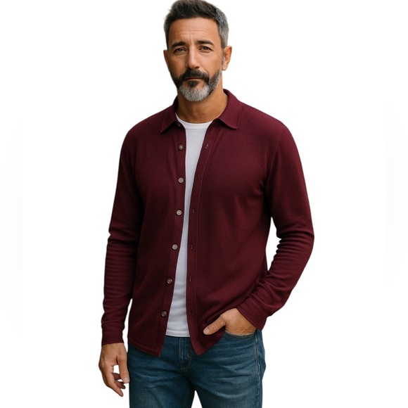 John Varvatos Luxe Wool Button Front Collared Sweater Cardigan Burgundy Size L - Picture 3 of 10